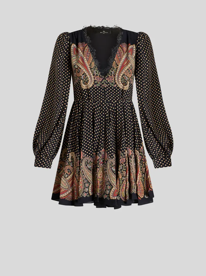 Women Paisley Pattern Mini Dress With Lace Etro Dresses