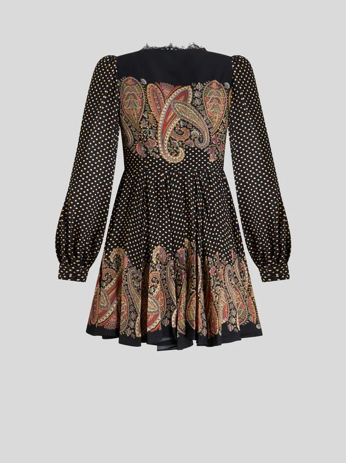 Women Paisley Pattern Mini Dress With Lace Etro Dresses
