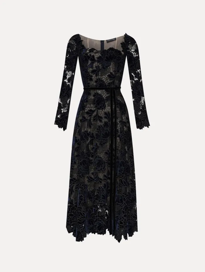 Women Peony Velvet Guipure Dress Navy Oscar De La Renta Dresses