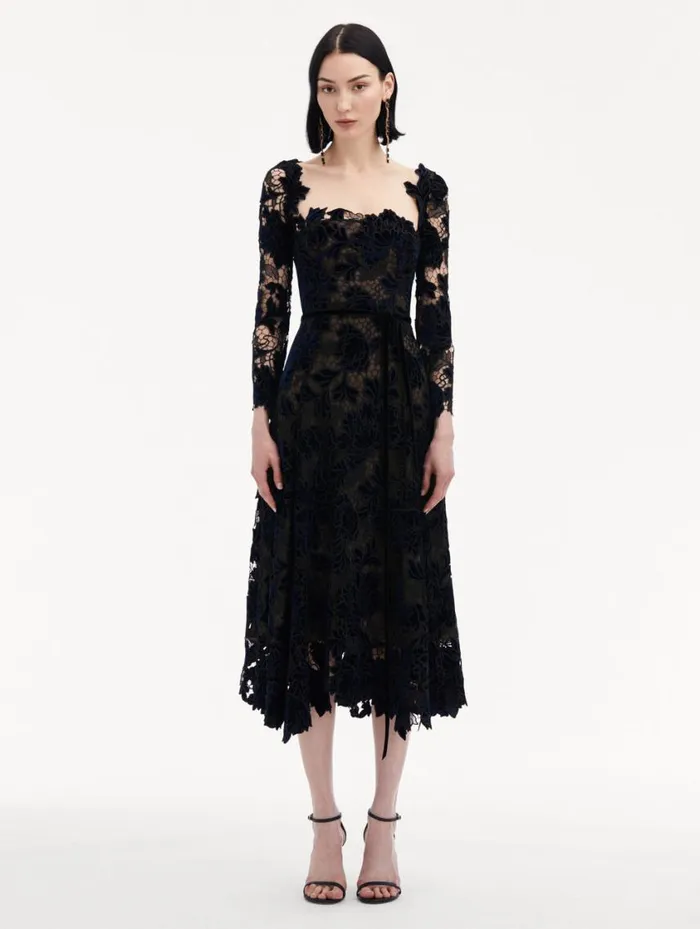 Women Peony Velvet Guipure Dress Navy Oscar De La Renta Dresses