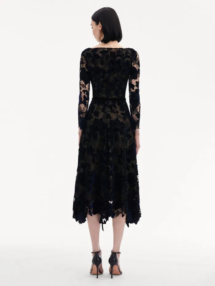 Women Peony Velvet Guipure Dress Navy Oscar De La Renta Dresses
