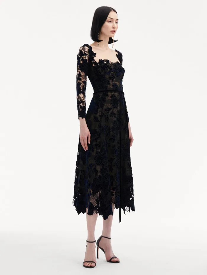 Women Peony Velvet Guipure Dress Navy Oscar De La Renta Dresses