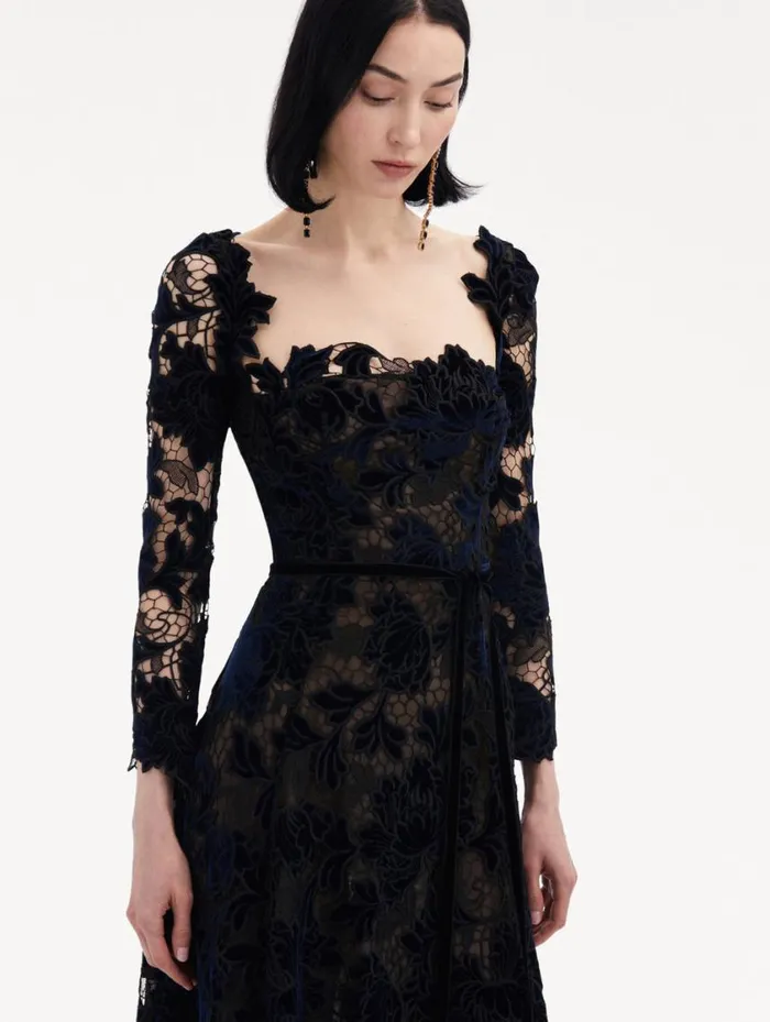 Women Peony Velvet Guipure Dress Navy Oscar De La Renta Dresses
