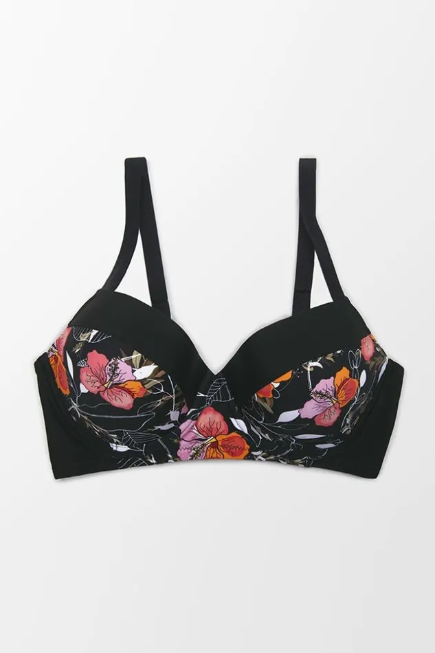 Women Plus Size and Curve Bikinis Cupshe Black Floral Plus Size Bikini Top Multicolor