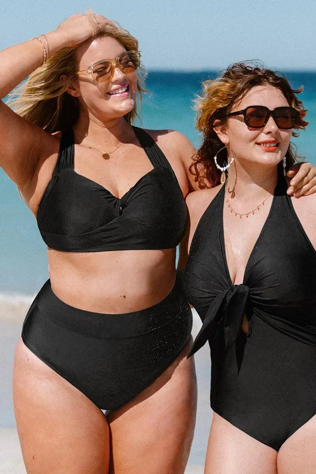 Women Plus Size and Curve Bikinis Cupshe Charmed Romance Twist Front Plus Size Midkini Black