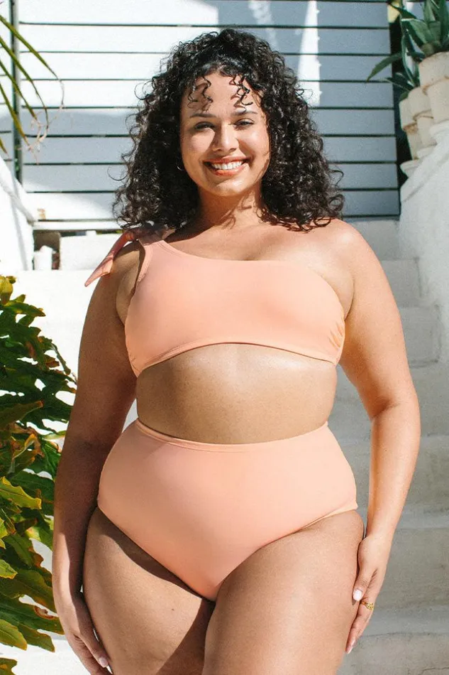 Women Plus Size and Curve Bikinis Cupshe Nature Trip One Shoulder Bralette And High Waist Plus Size Set Pink