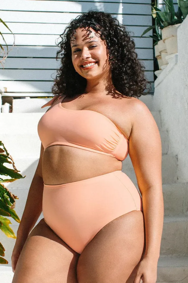 Women Plus Size and Curve Bikinis Cupshe Nature Trip One Shoulder Bralette And High Waist Plus Size Set Pink