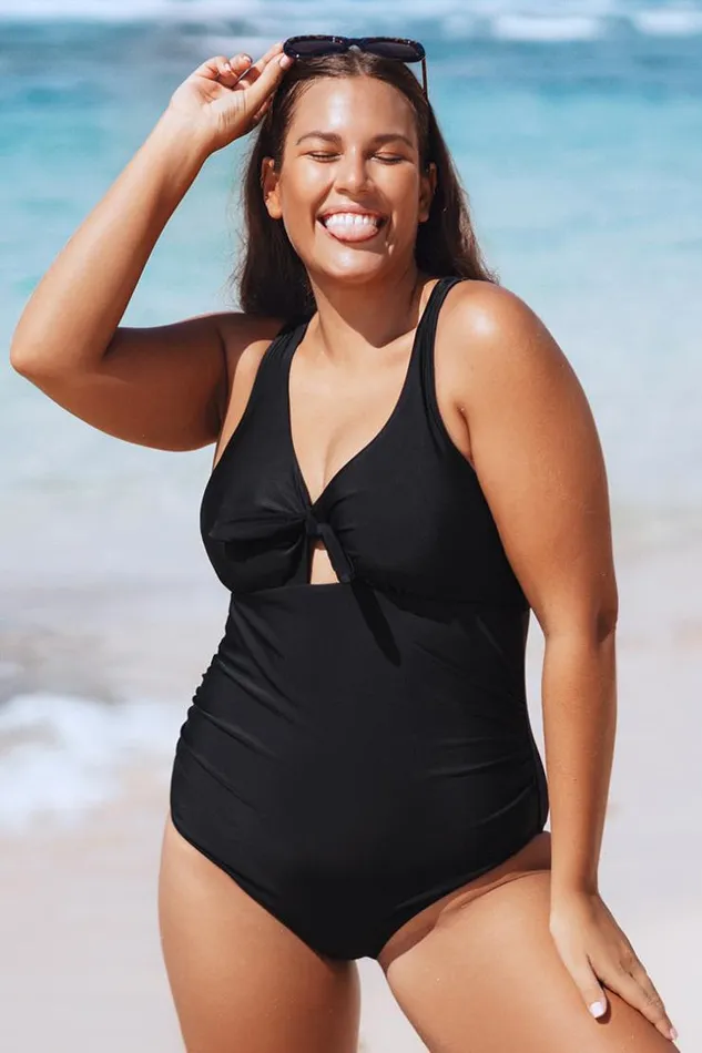Women Plus Size and Curve Swimsuits Cupshe Midnight Flowers Bunny Tie Front Plus Size One Piece Swimsuit Black