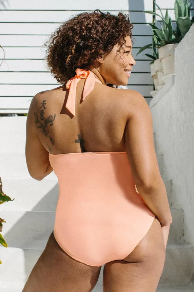 Women Plus Size and Curve Swimsuits Cupshe Nature Trip Sash Halter Plus Size One Piece Swimsuit Pink