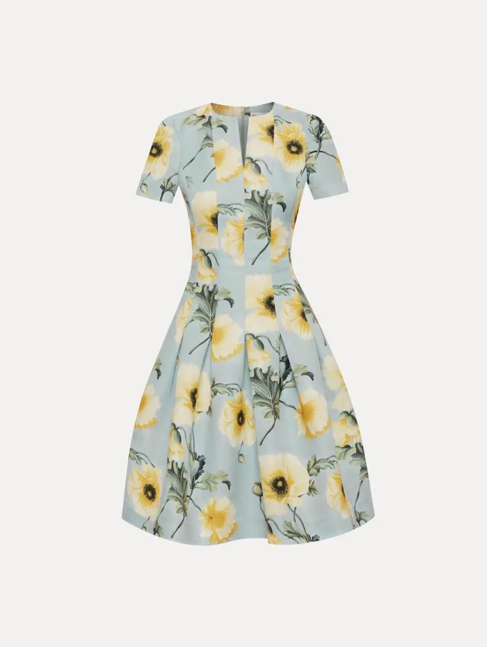 Women Poppy Faille Split Neck Dress Sage Yellow Oscar De La Renta Dresses