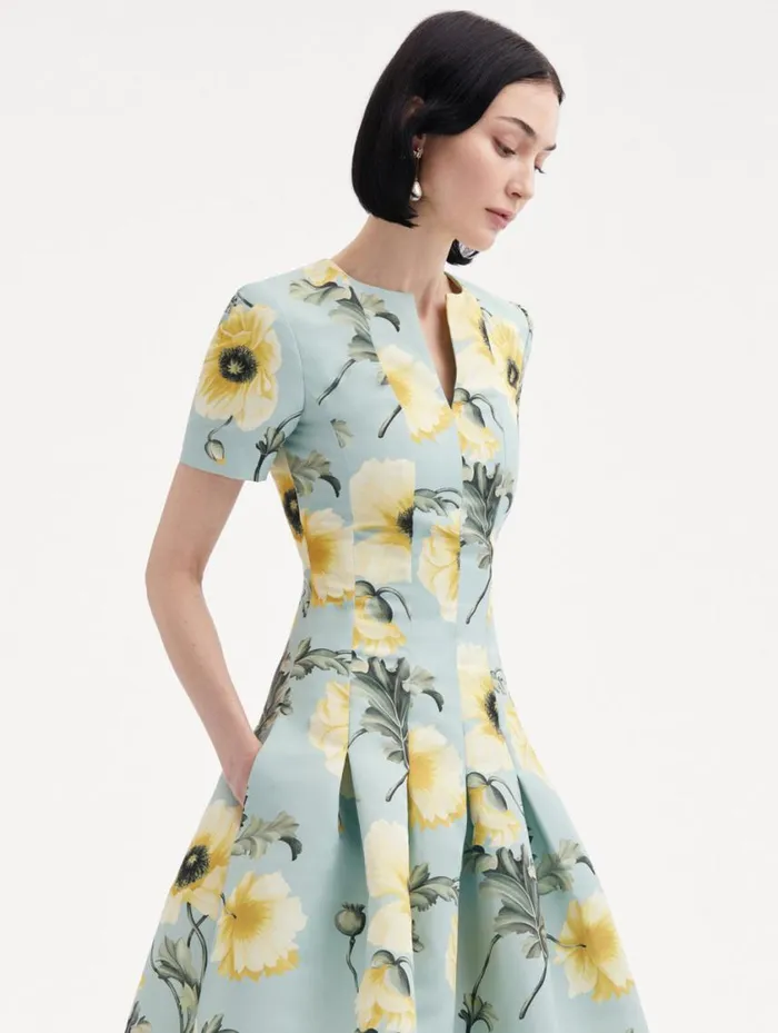 Women Poppy Faille Split Neck Dress Sage Yellow Oscar De La Renta Dresses Women Poppy Faille Split Neck Dress Sage Yellow Oscar De La Renta Dresses