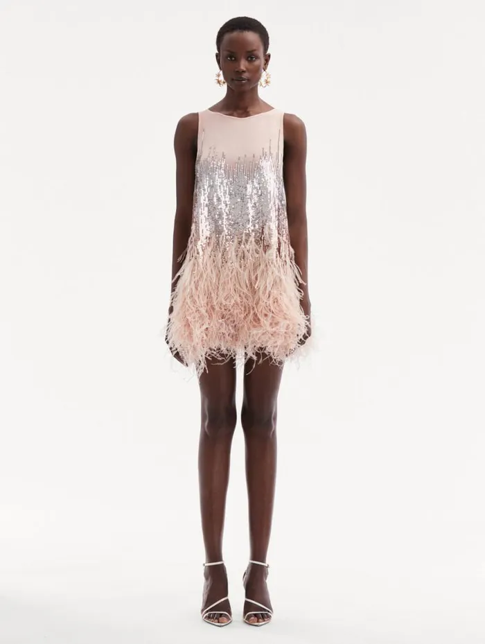 Women Sequin and Feather Embroidered Dress Blush Oscar De La Renta Dresses