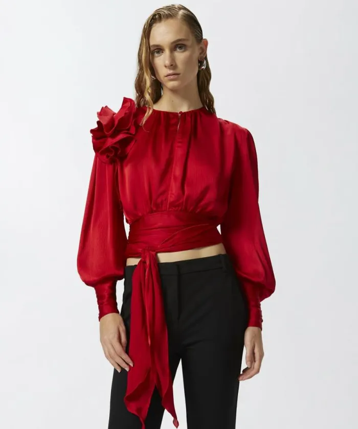 Women Shirts And Blouses Pinko Cropped Satin Blouse With Appliqus Salsa Red