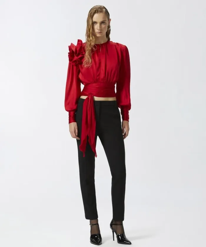 Women Shirts And Blouses Pinko Cropped Satin Blouse With Appliqus Salsa Red Women Shirts And Blouses Pinko Cropped Satin Blouse With Appliqus Salsa Red