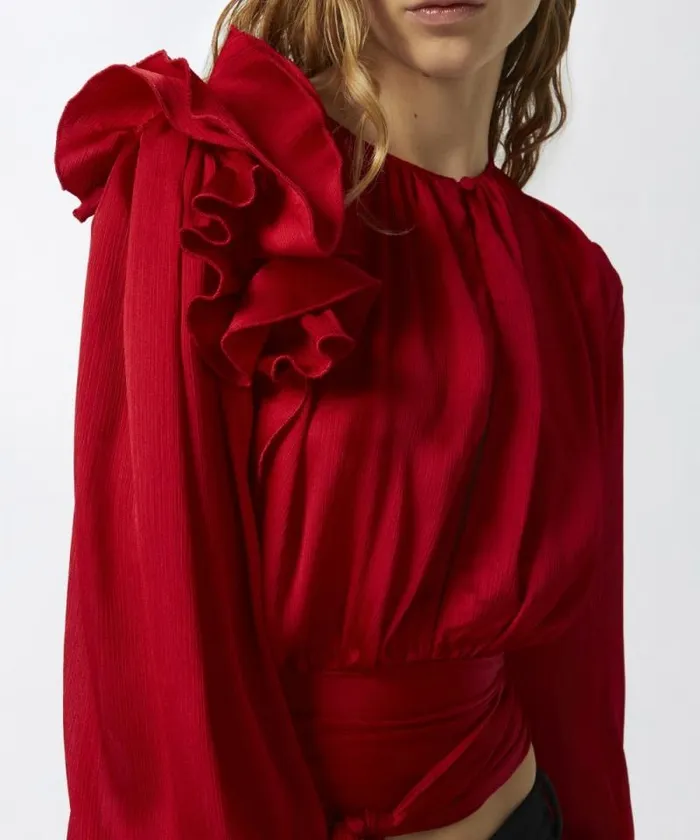 Women Shirts And Blouses Pinko Cropped Satin Blouse With Appliqus Salsa Red Women Shirts And Blouses Pinko Cropped Satin Blouse With Appliqus Salsa Red