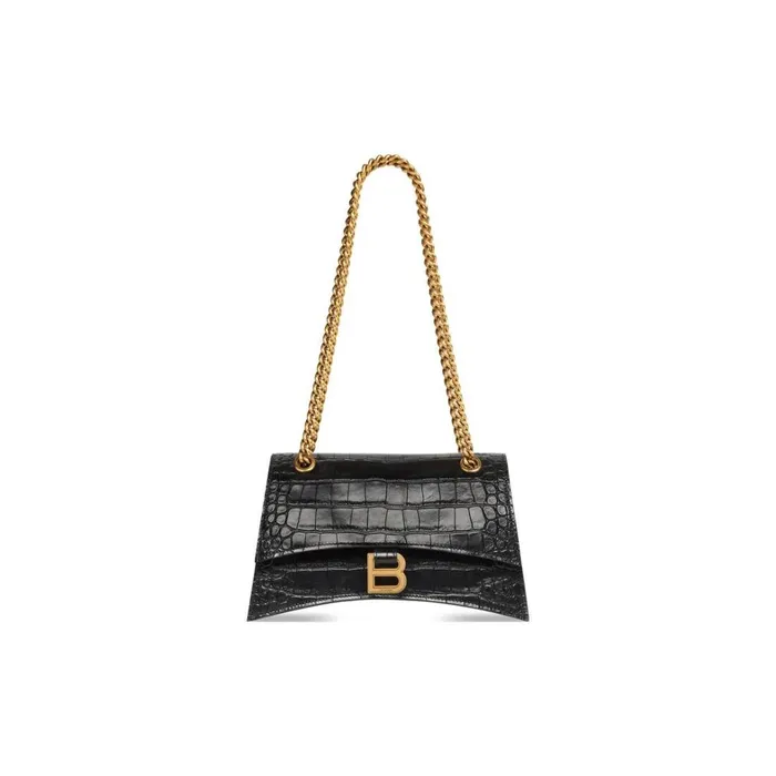 Women Shoulder Bags Balenciaga Crush Small Chain Bag Crocodile Embossed In Black