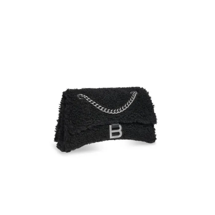 Women Shoulder Bags Balenciaga Crush Small Chain Bag Fake Shearling In Black