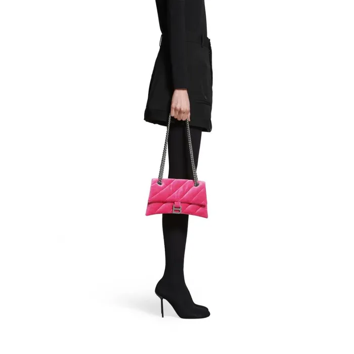 Women Shoulder Bags Balenciaga Crush Small Chain Bag Quilted Velvet Jersey In Bright Pink