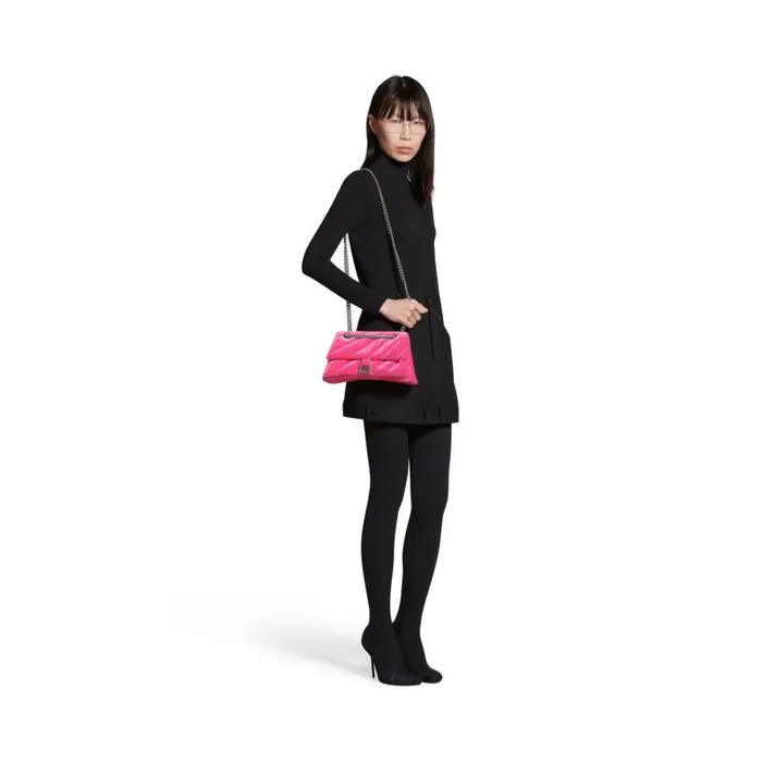 Women Shoulder Bags Balenciaga Crush Small Chain Bag Quilted Velvet Jersey In Bright Pink