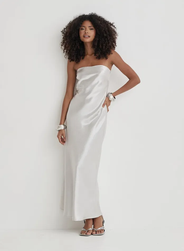 Women Silver Bandeau Satin Maxi Dress Shona 4th and Reckless Party Wear