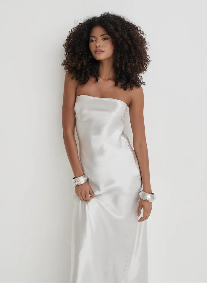 Women Silver Bandeau Satin Maxi Dress Shona 4th and Reckless Party Wear