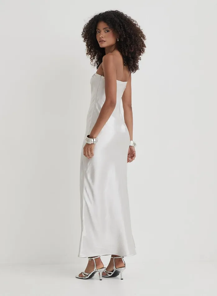 Women Silver Bandeau Satin Maxi Dress Shona 4th and Reckless Party Wear