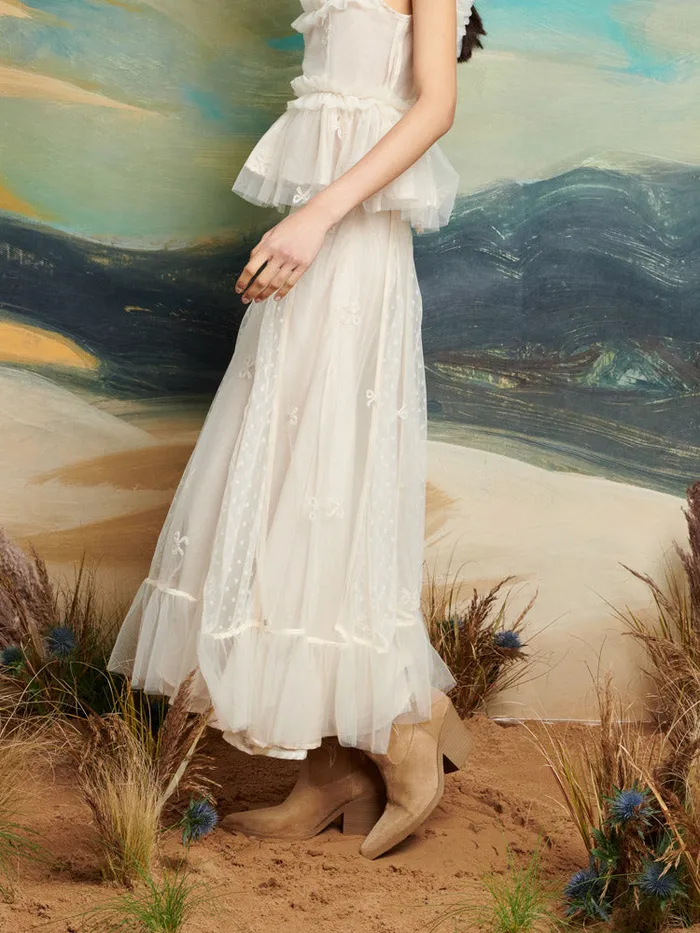 Women Sister Jane Bottoms DREAM Jolene Tulle Ruffle Midi Skirt Vintage Cream