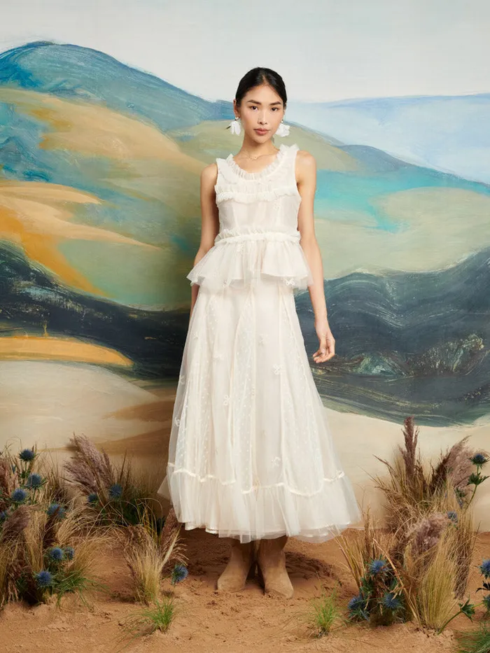 Women Sister Jane Bottoms DREAM Jolene Tulle Ruffle Midi Skirt Vintage Cream
