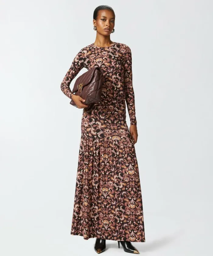 Women Skirts Pinko Long Floral Jersey Skirt Multi Brownbeige