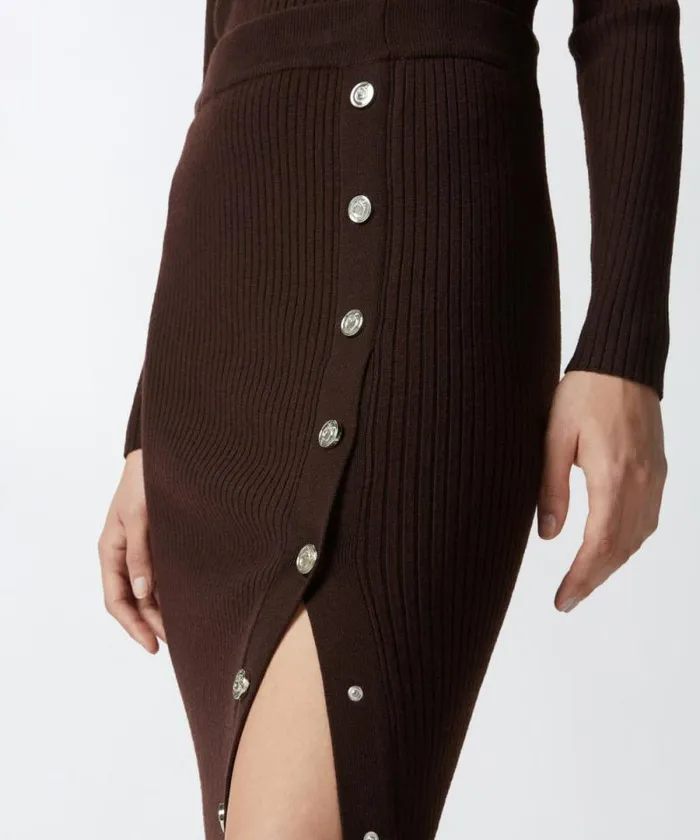 Women Skirts Pinko Ribbed Calflength Skirt With Buttons Brown Women Skirts Pinko Ribbed Calflength Skirt With Buttons Brown