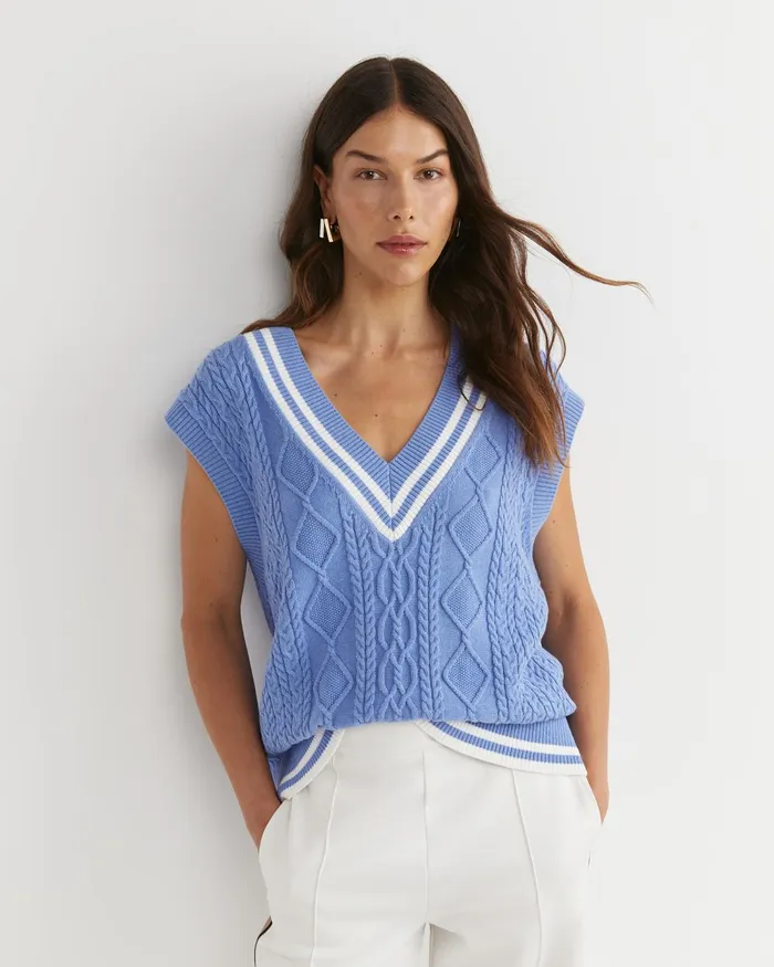 Women Sportscraft Knits and Cardigans Elka Cable VNeck Vest Belle Blue