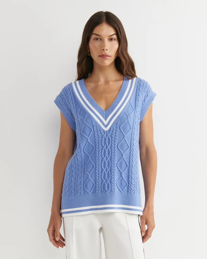 Women Sportscraft Knits and Cardigans Elka Cable VNeck Vest Belle Blue