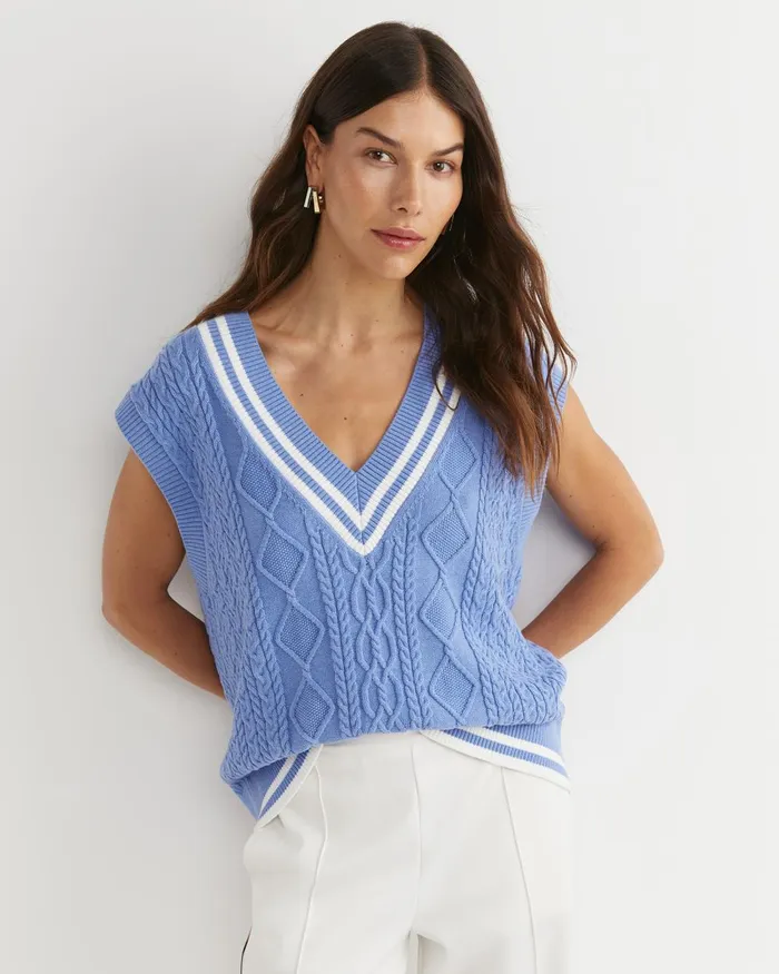 Women Sportscraft Knits and Cardigans Elka Cable VNeck Vest Belle Blue