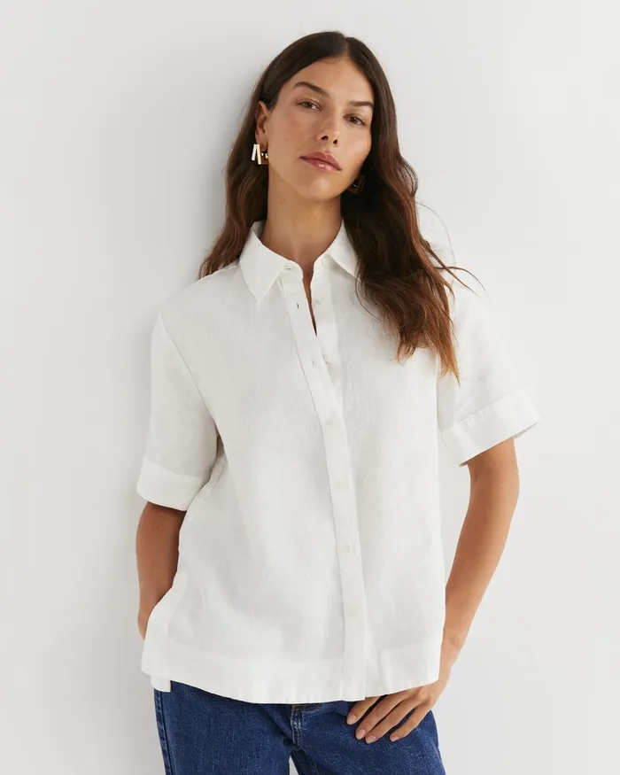 Women Sportscraft Shirts Lulu Short Sleeve Linen Shirt White