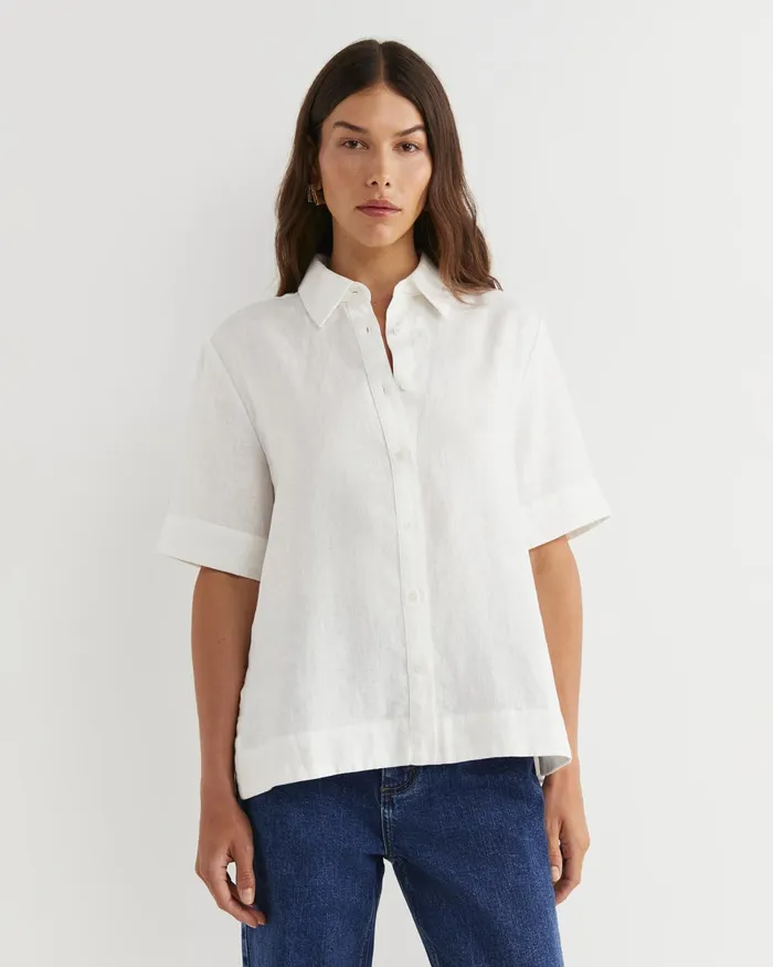 Women Sportscraft Shirts Lulu Short Sleeve Linen Shirt White