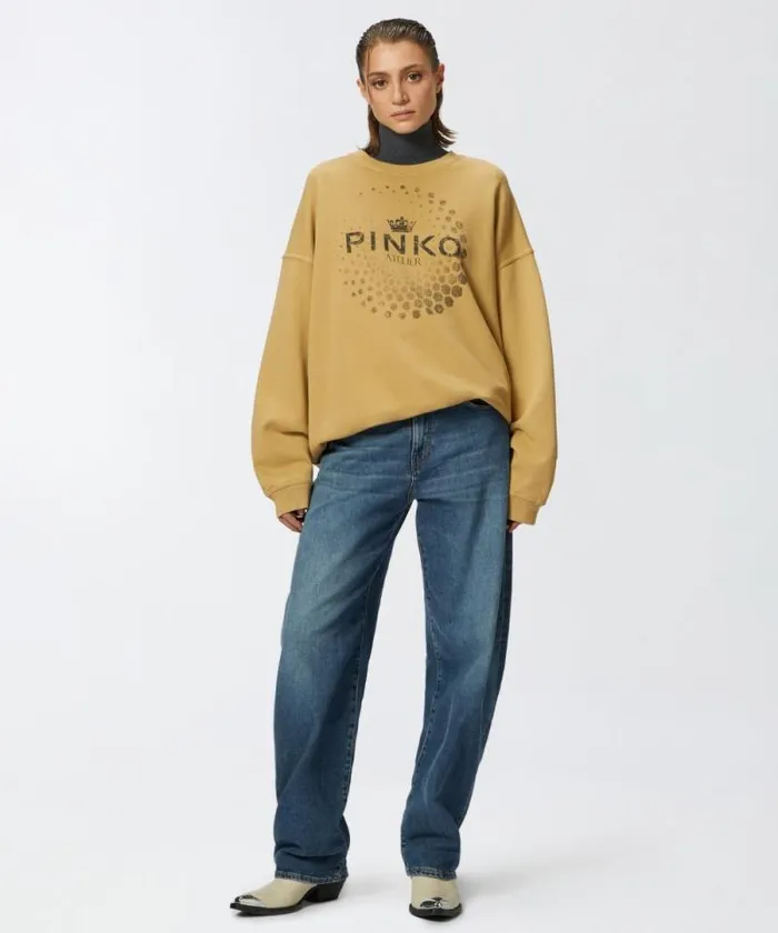 Women Sweatshirts Pinko Oversized Sweatshirt With PINKO Atelier Print Beige Women Sweatshirts Pinko Oversized Sweatshirt With PINKO Atelier Print Beige