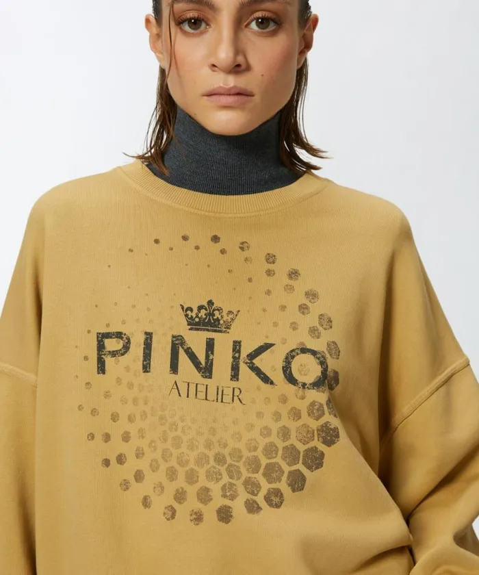 Women Sweatshirts Pinko Oversized Sweatshirt With PINKO Atelier Print Beige Women Sweatshirts Pinko Oversized Sweatshirt With PINKO Atelier Print Beige