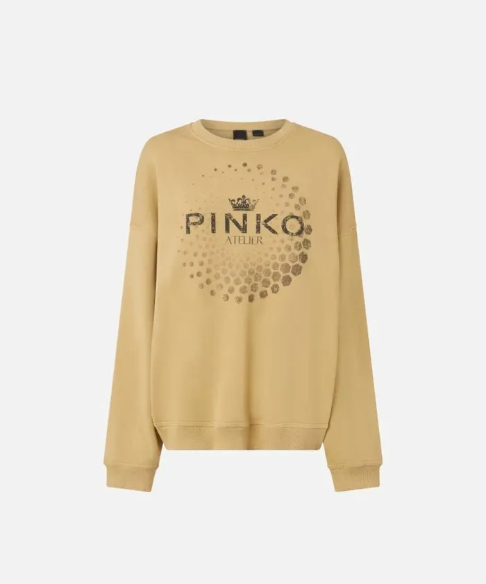 Women Sweatshirts Pinko Oversized Sweatshirt With PINKO Atelier Print Beige Women Sweatshirts Pinko Oversized Sweatshirt With PINKO Atelier Print Beige
