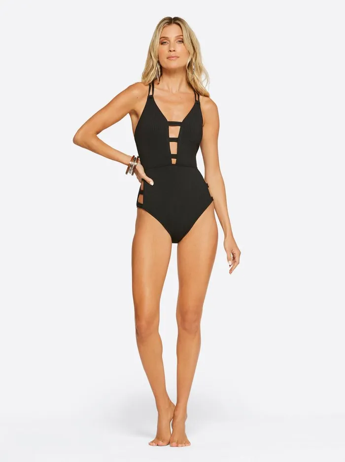 Women Swim Jessica Simpson Textured Solids Plunge One Piece In Black
