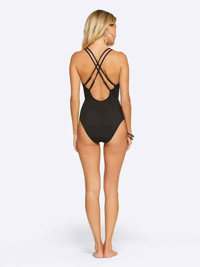 Women Swim Jessica Simpson Textured Solids Plunge One Piece In Black
