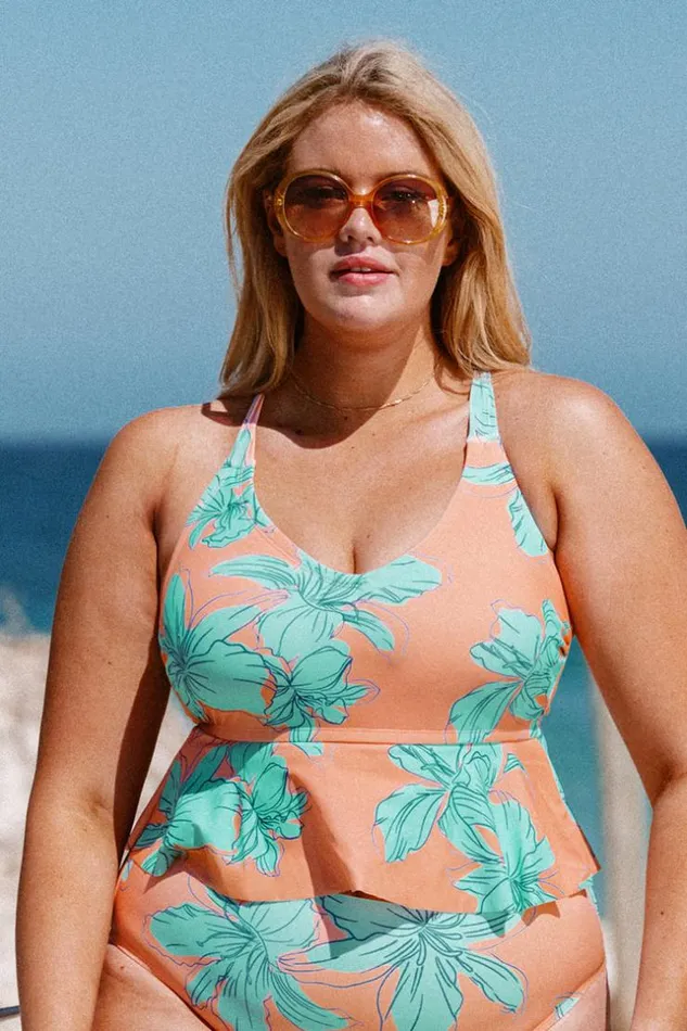 Women Tankini Cupshe Blooming Flowers Cropped Peplum Plus Size Tankini Multicolor