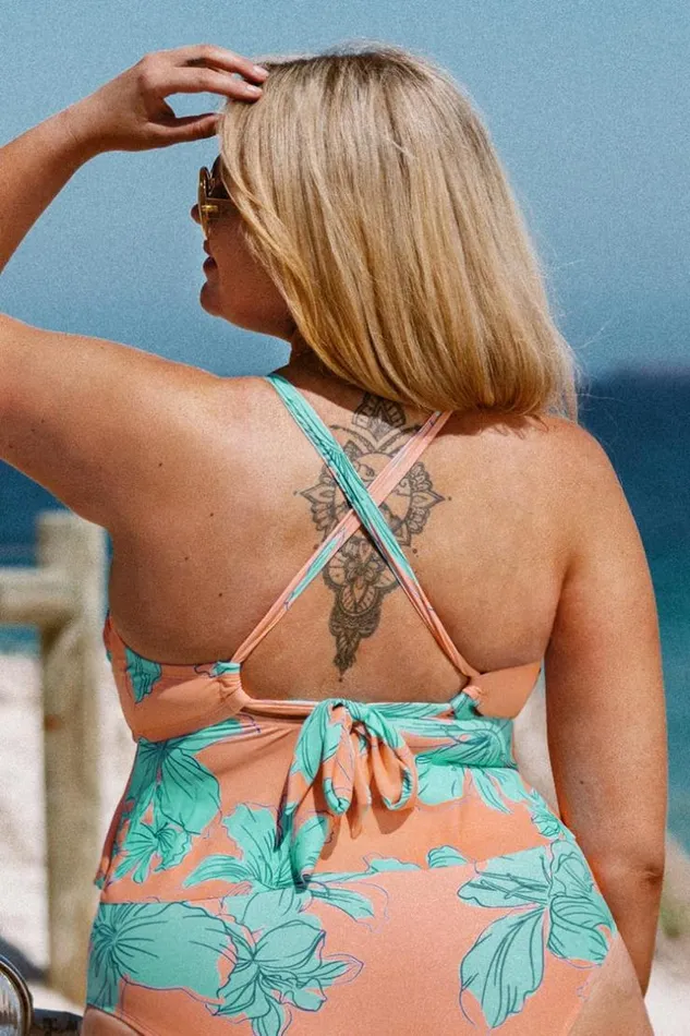Women Tankini Cupshe Blooming Flowers Cropped Peplum Plus Size Tankini Multicolor