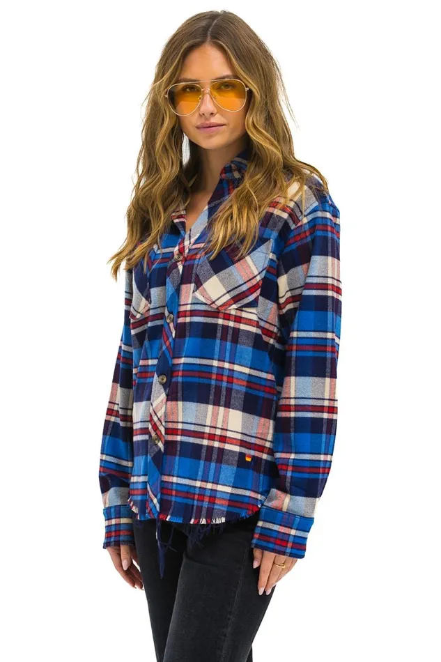 Women Tees Aviator Nation Plaid Flannel Light Weight Unisex Western Shirt 8211 Patriot Plaid