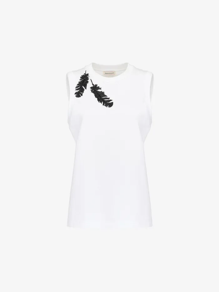 Women Tops And Shirts Alexander McQueen Feather Embroidery Tank Top Optical White Women Tops And Shirts Alexander McQueen Feather Embroidery Tank Top Optical White