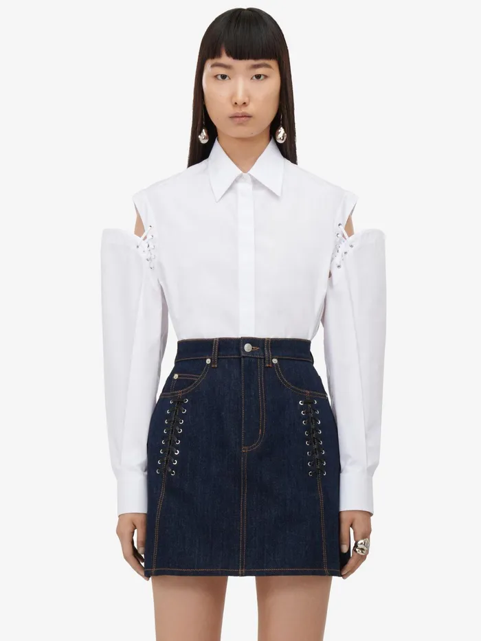 Women Tops And Shirts Alexander McQueen Lace Detail Slashed Cocoon Shirt Optic White