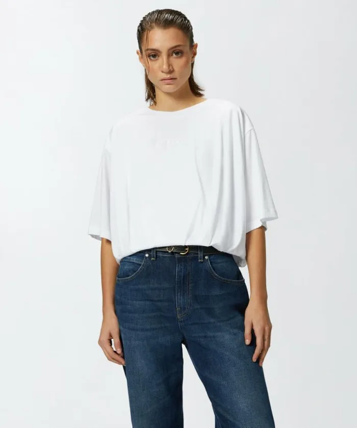 Women Topwear Pinko Cropped Jersey Tshirt With Embroidered Logo Bright White