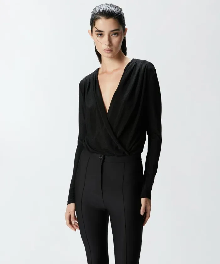 Women Topwear Pinko Metallic Lurex Knit Draped Bodysuit Blacklurex Black