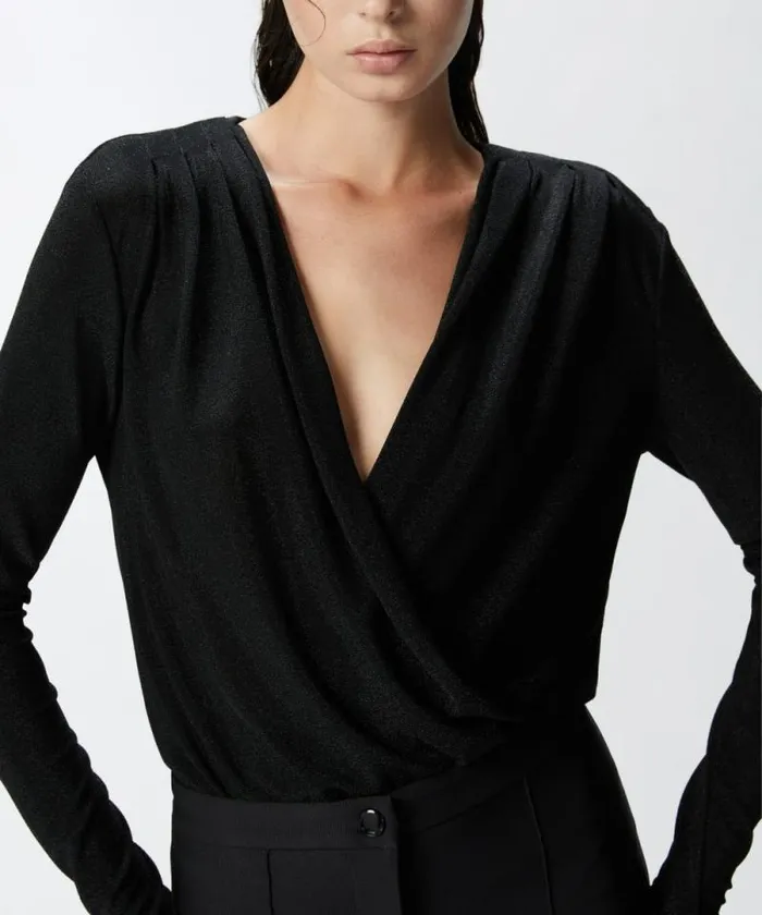 Women Topwear Pinko Metallic Lurex Knit Draped Bodysuit Blacklurex Black Women Topwear Pinko Metallic Lurex Knit Draped Bodysuit Blacklurex Black