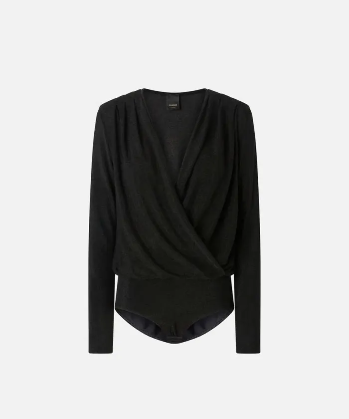 Women Topwear Pinko Metallic Lurex Knit Draped Bodysuit Blacklurex Black Women Topwear Pinko Metallic Lurex Knit Draped Bodysuit Blacklurex Black
