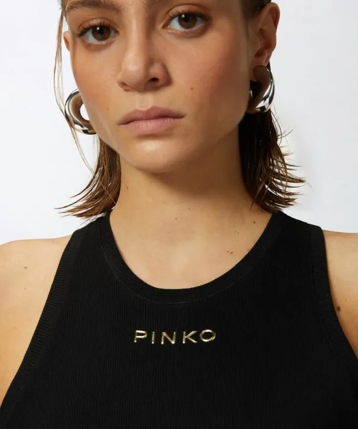 Women Topwear Pinko Ribbed Top With Logo Limo Black Women Topwear Pinko Ribbed Top With Logo Limo Black
